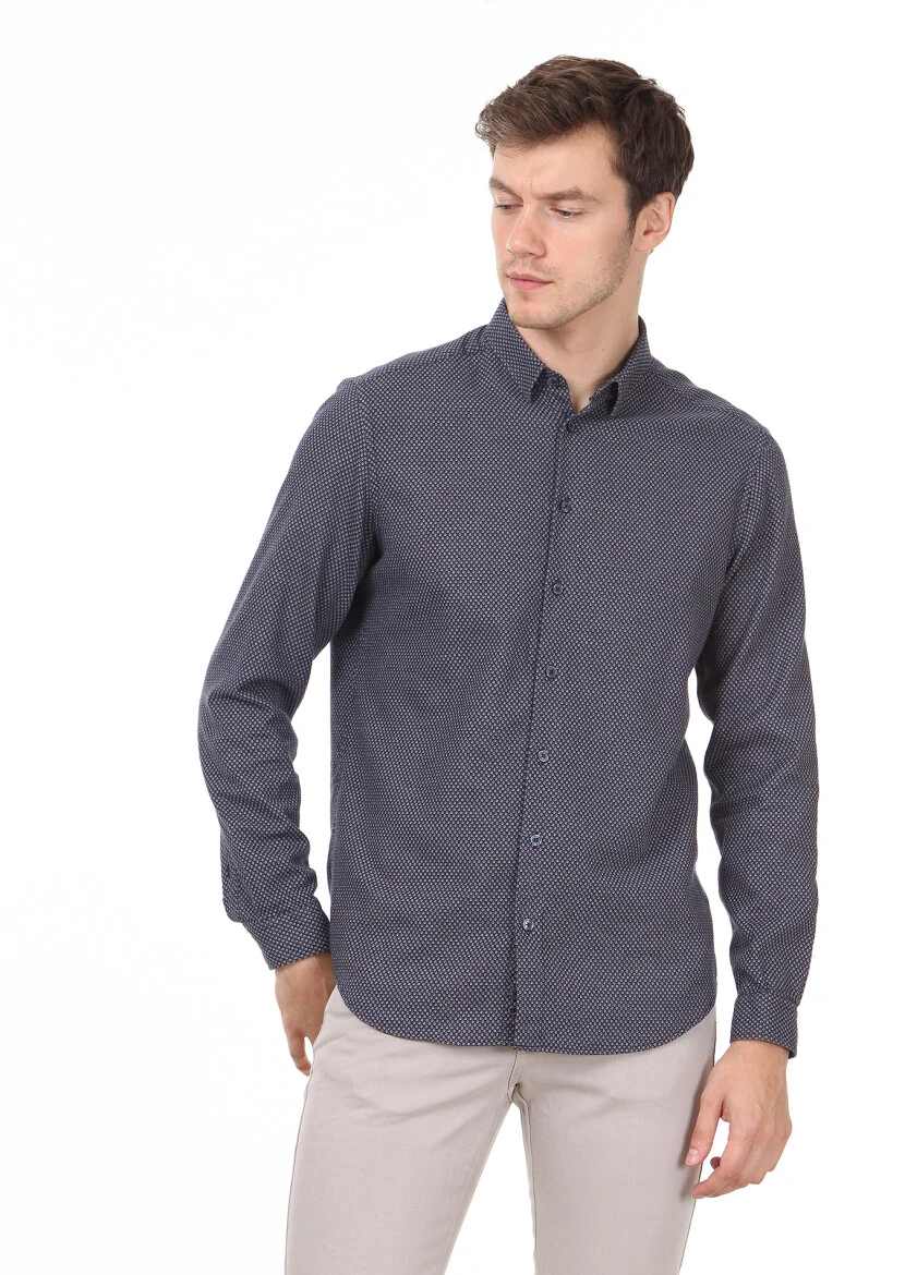 Navy Blue Patterned Regular Fit Weaving Casual 100% Cotton Shirt - 3