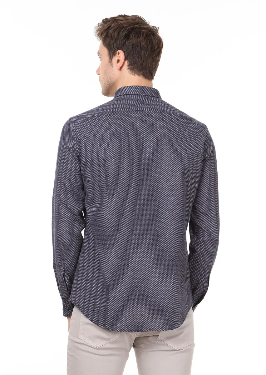 Navy Blue Patterned Regular Fit Weaving Casual 100% Cotton Shirt - 4