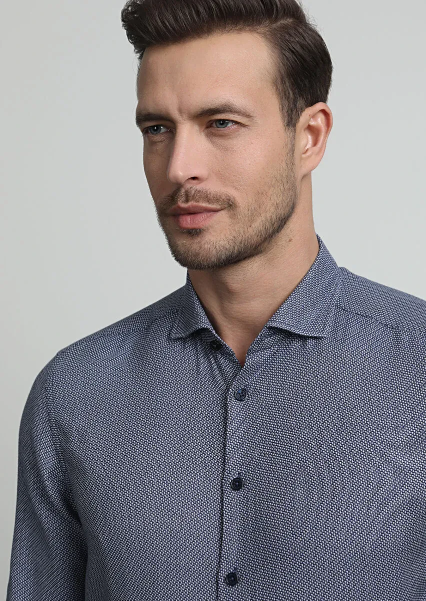 Navy Blue Patterned Regular Fit Weaving Casual Cotton Blended Shirt - 2