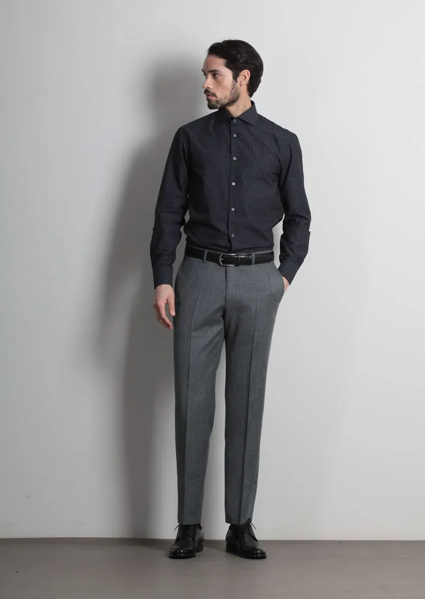 Navy Blue Patterned Regular Fit Weaving Classical 100% Cotton Shirt - 1