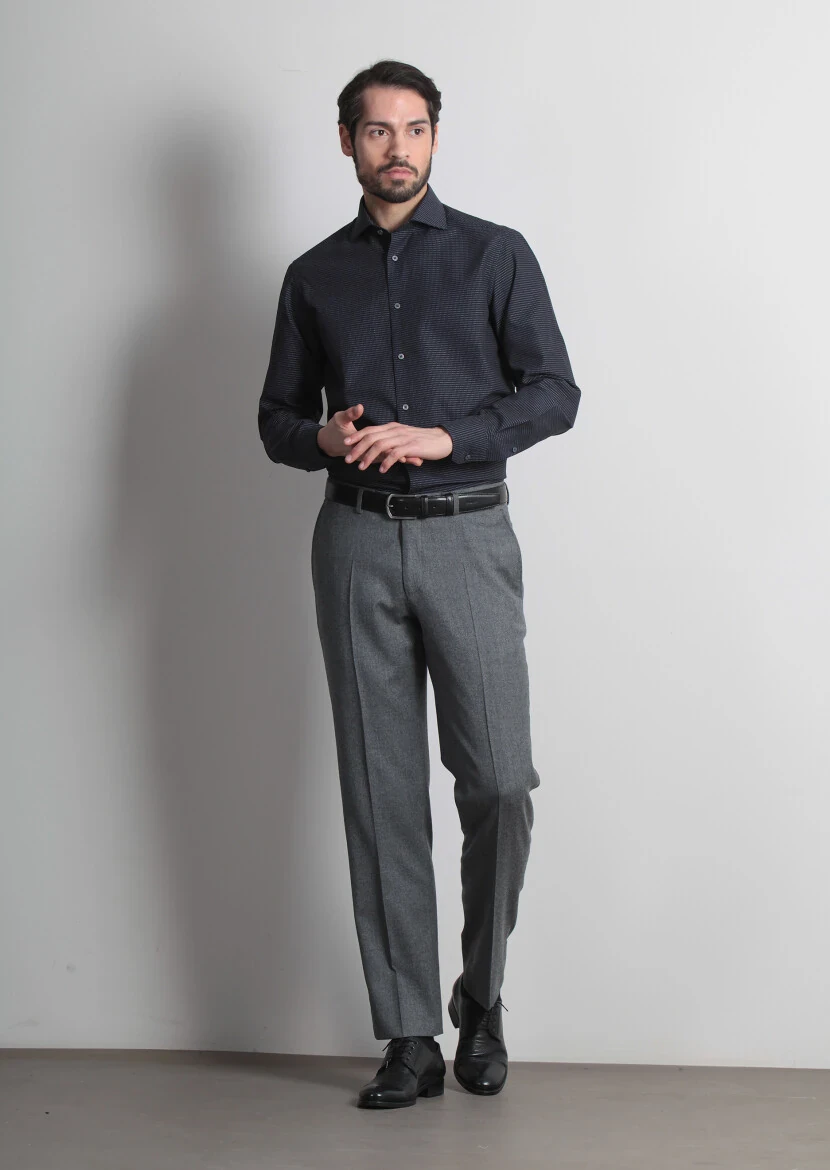 Navy Blue Patterned Regular Fit Weaving Classical 100% Cotton Shirt - 2