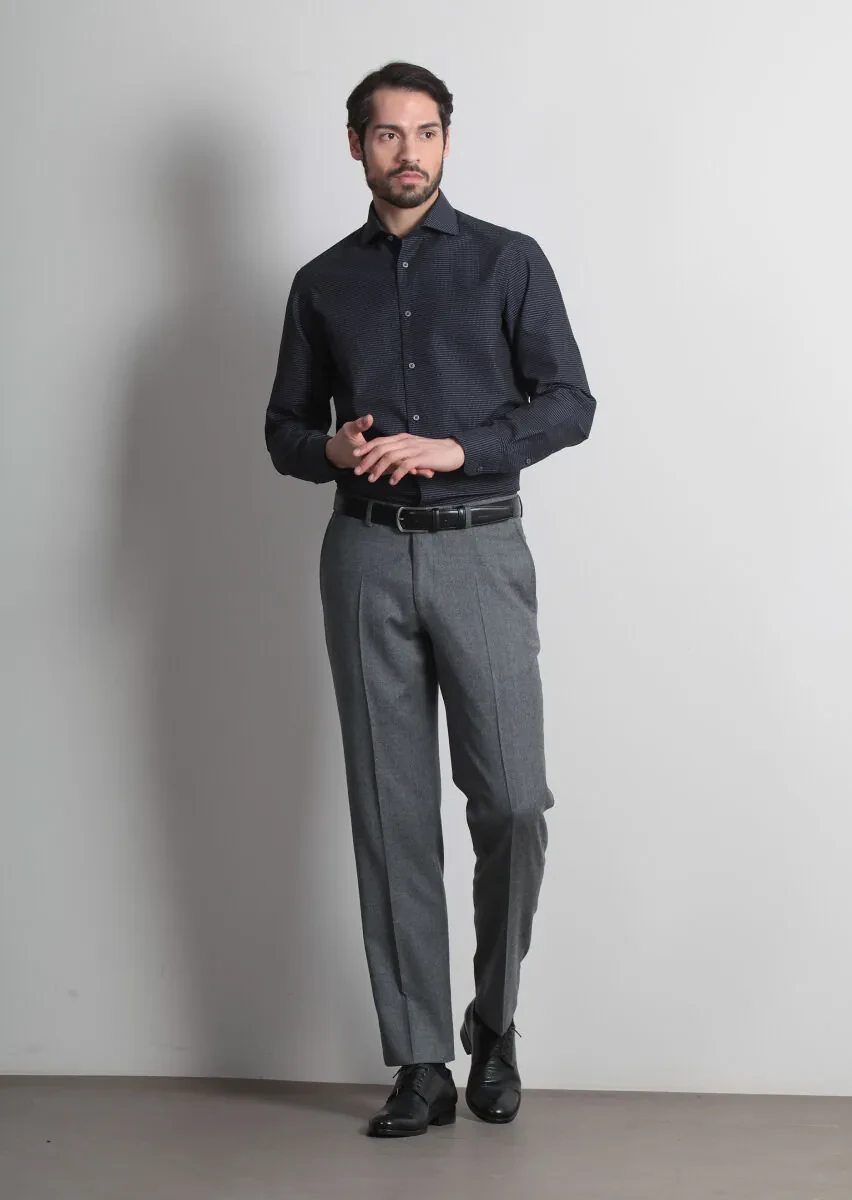 Navy Blue Patterned Regular Fit Weaving Classical 100% Cotton Shirt - 2