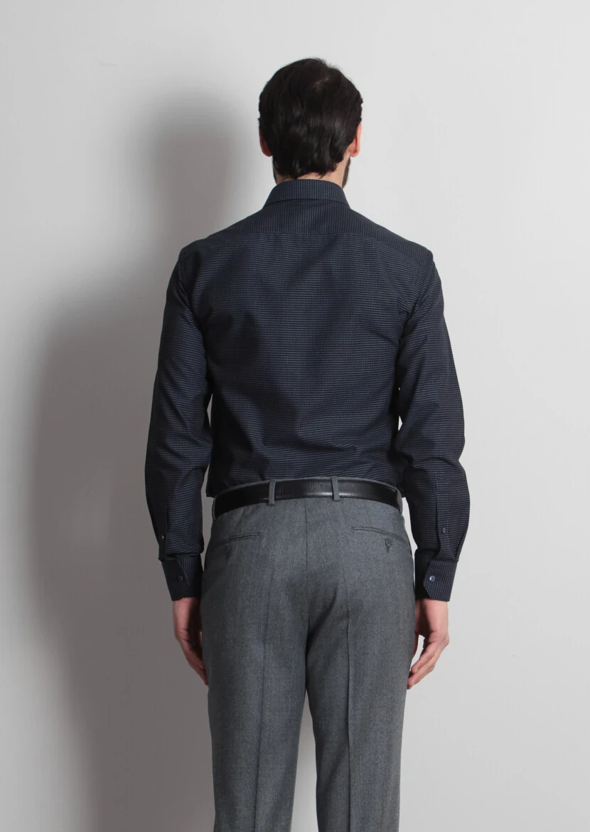 Navy Blue Patterned Regular Fit Weaving Classical 100% Cotton Shirt - 5