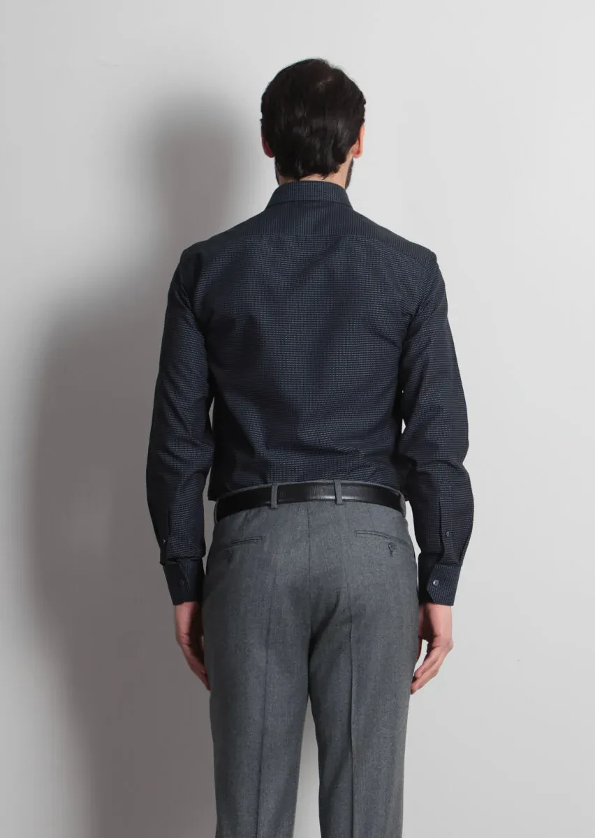 Navy Blue Patterned Regular Fit Weaving Classical 100% Cotton Shirt - 5