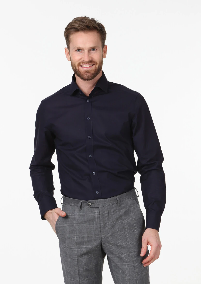 Navy Blue Patterned Regular Fit Weaving Classical 100% Cotton Shirt - 1