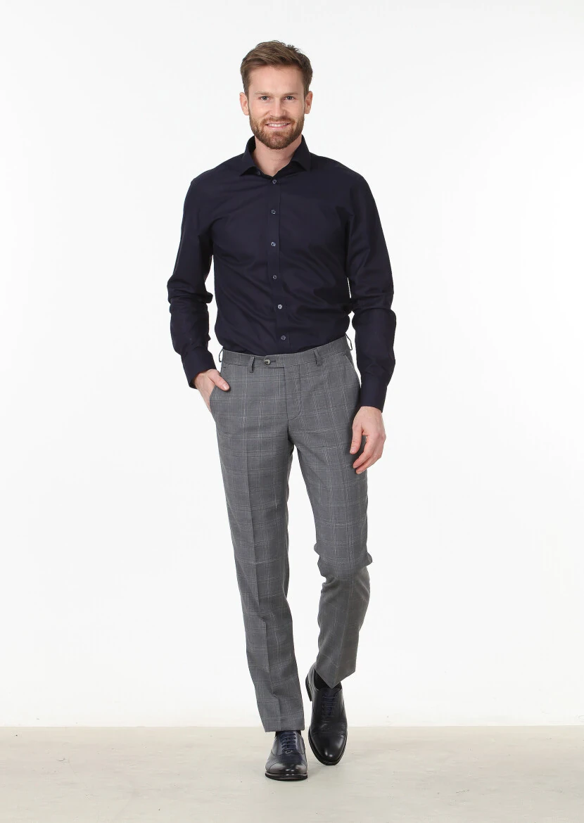 Navy Blue Patterned Regular Fit Weaving Classical 100% Cotton Shirt - 2