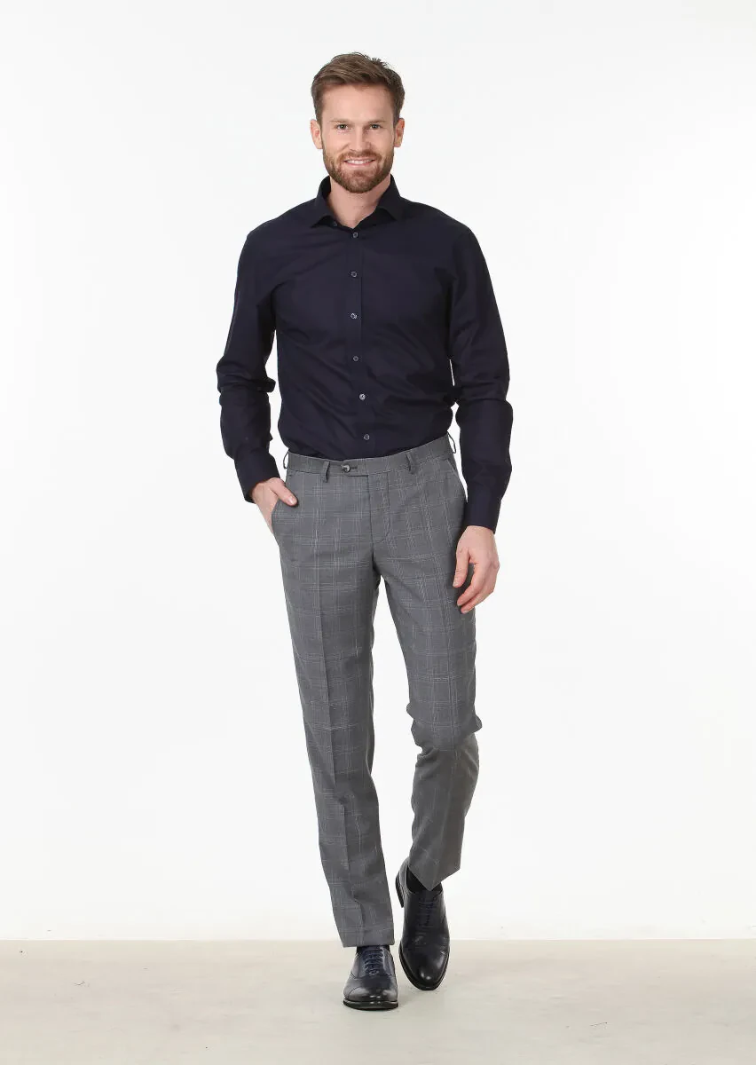 Navy Blue Patterned Regular Fit Weaving Classical 100% Cotton Shirt - 2