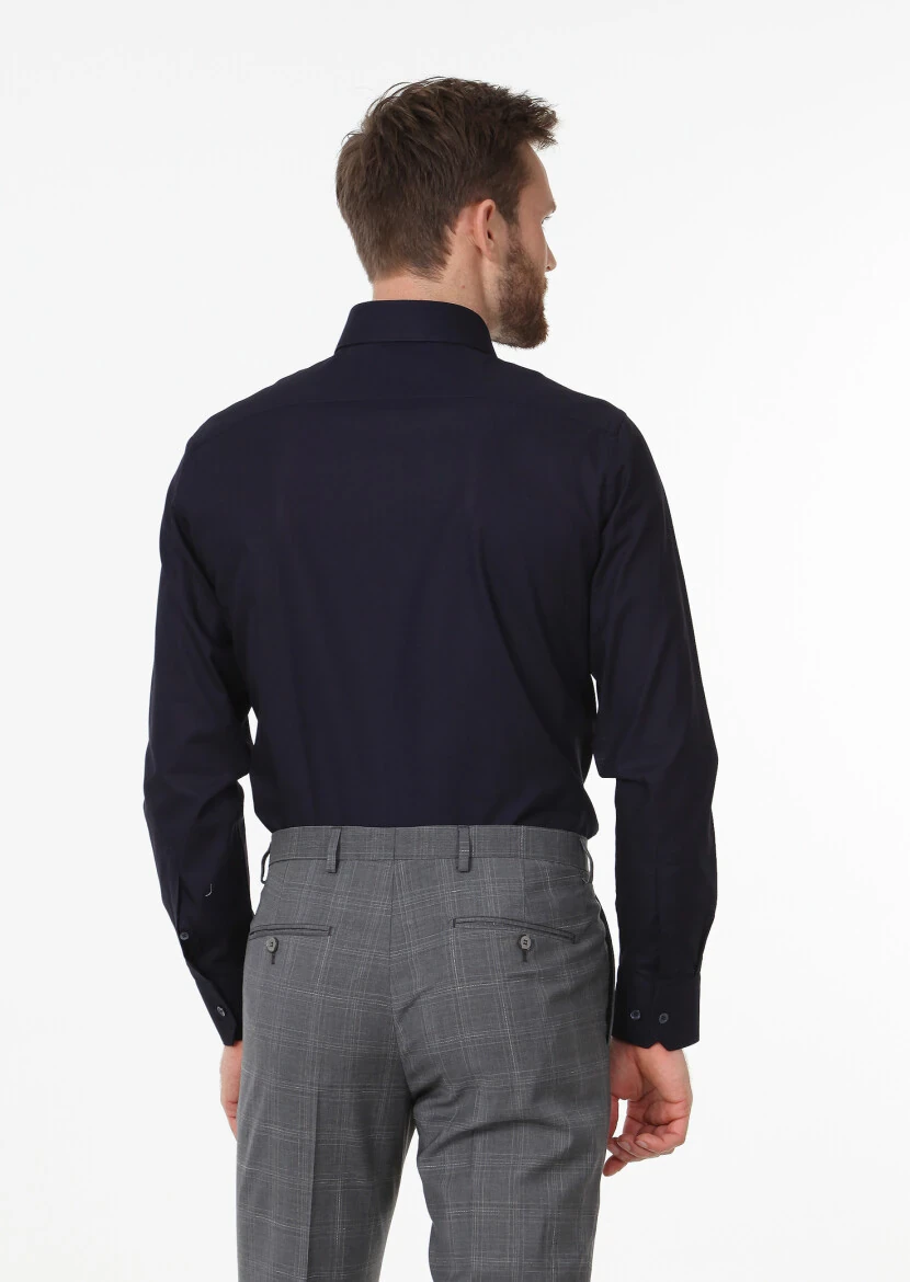 Navy Blue Patterned Regular Fit Weaving Classical 100% Cotton Shirt - 4