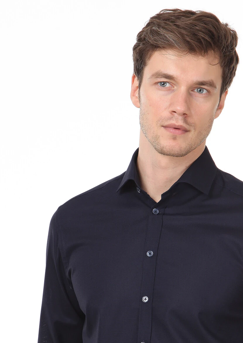 Navy Blue Patterned Regular Fit Weaving Classical 100% Cotton Shirt 
