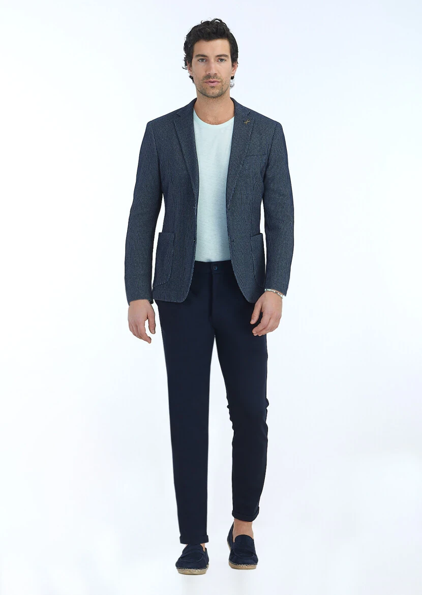 Navy Blue Patterned Shirt Shoulder Slim Fit Cotton Blended Jacket - RAMSEY