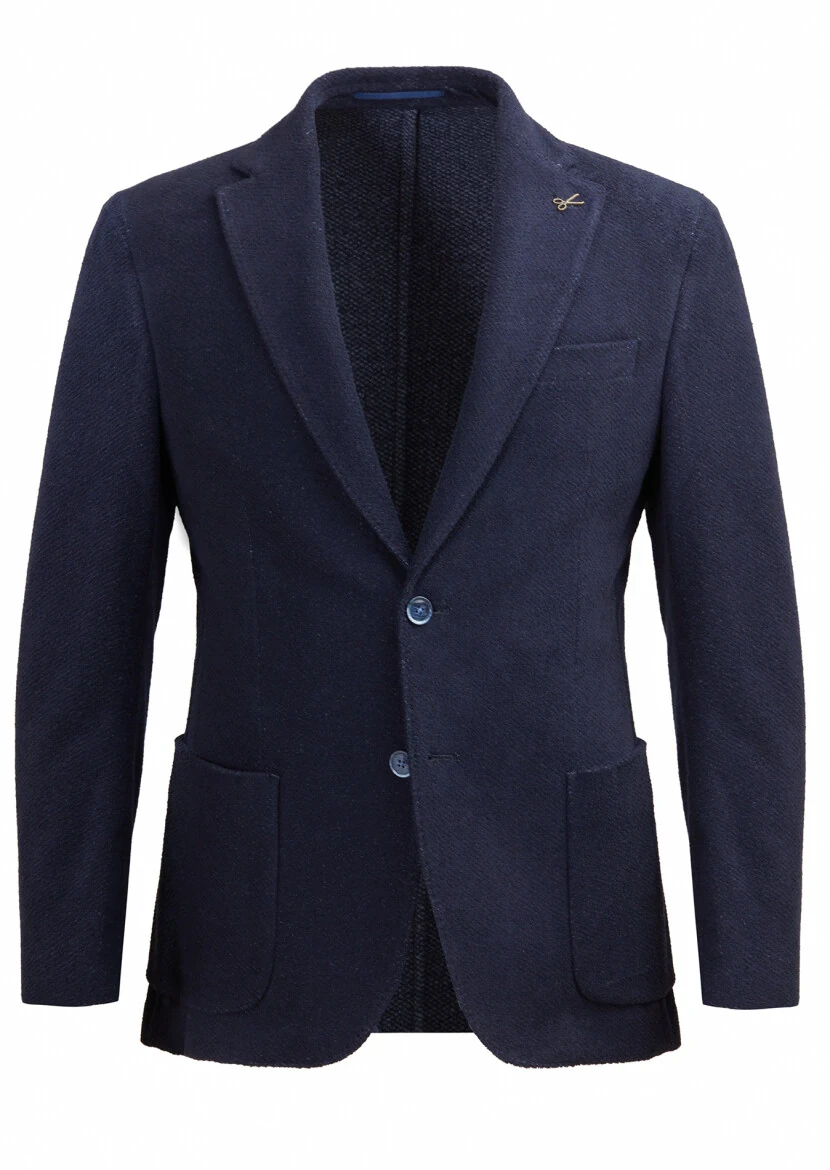 Navy Blue Patterned Shirt Shoulder Slim Fit Cotton Blended Jacket - 1