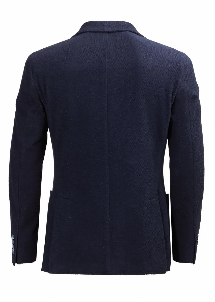 Navy Blue Patterned Shirt Shoulder Slim Fit Cotton Blended Jacket - 5