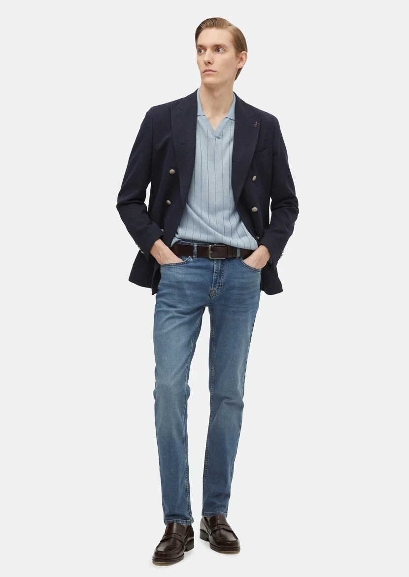 Navy Blue Patterned Shirt Shoulder Slim Fit Cotton Blended Jacket - RAMSEY