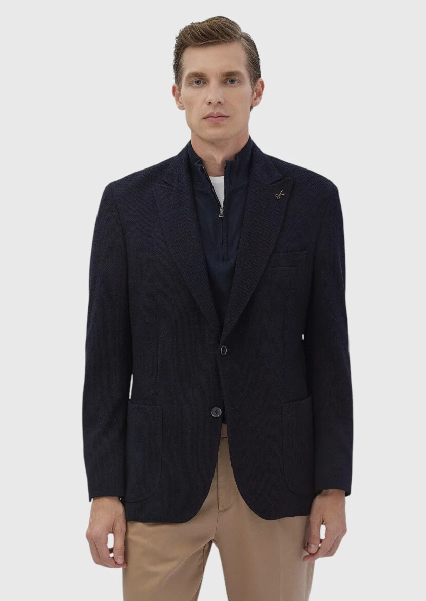 Navy Blue Patterned Shirt Shoulder Slim Fit Wool Blended Jacket - RAMSEY