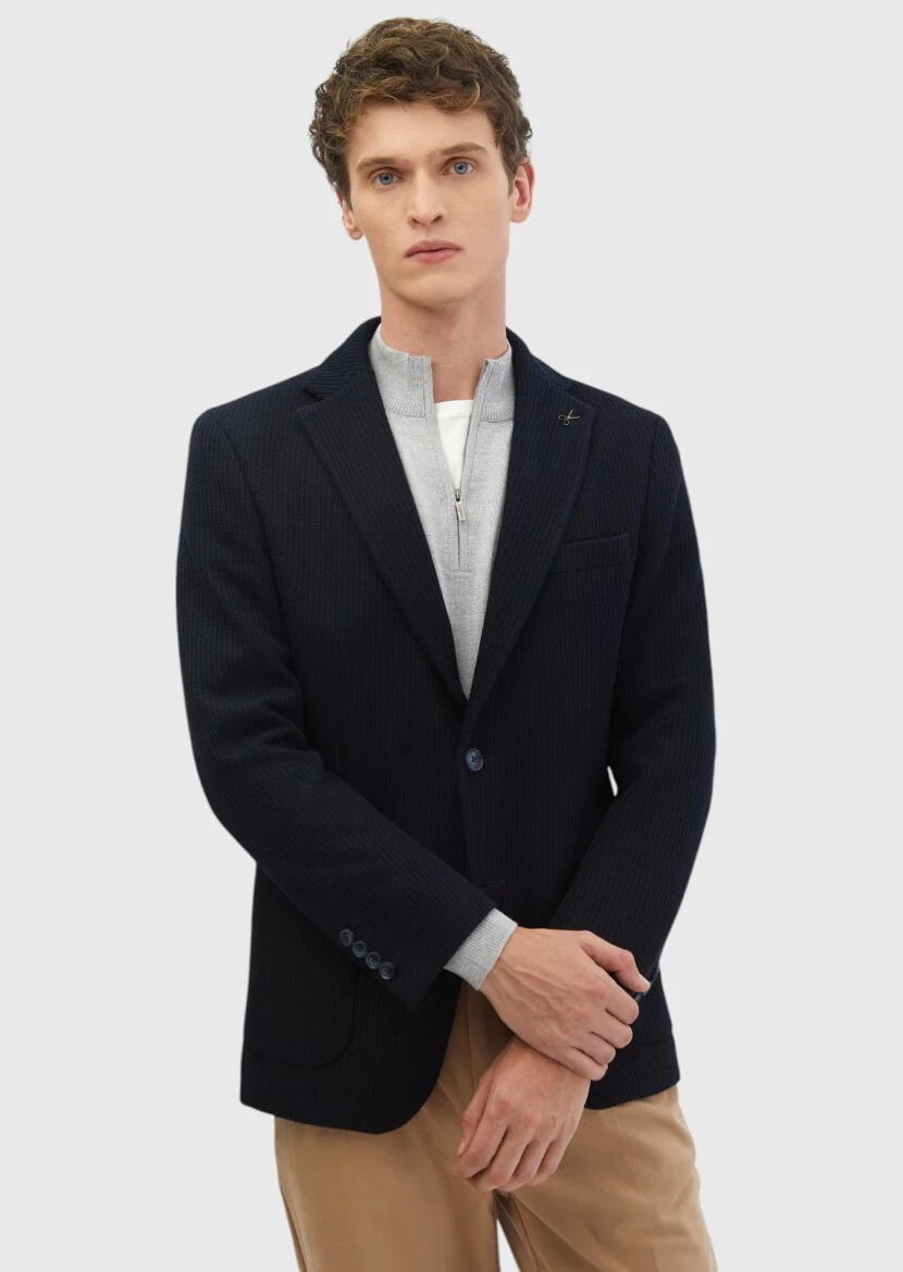 Navy Blue Patterned Shirt Shoulder Slim Fit Wool Blended Jacket - RAMSEY