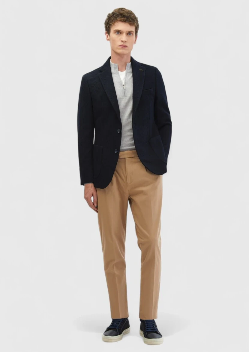 Navy Blue Patterned Shirt Shoulder Slim Fit Wool Blended Jacket - RAMSEY