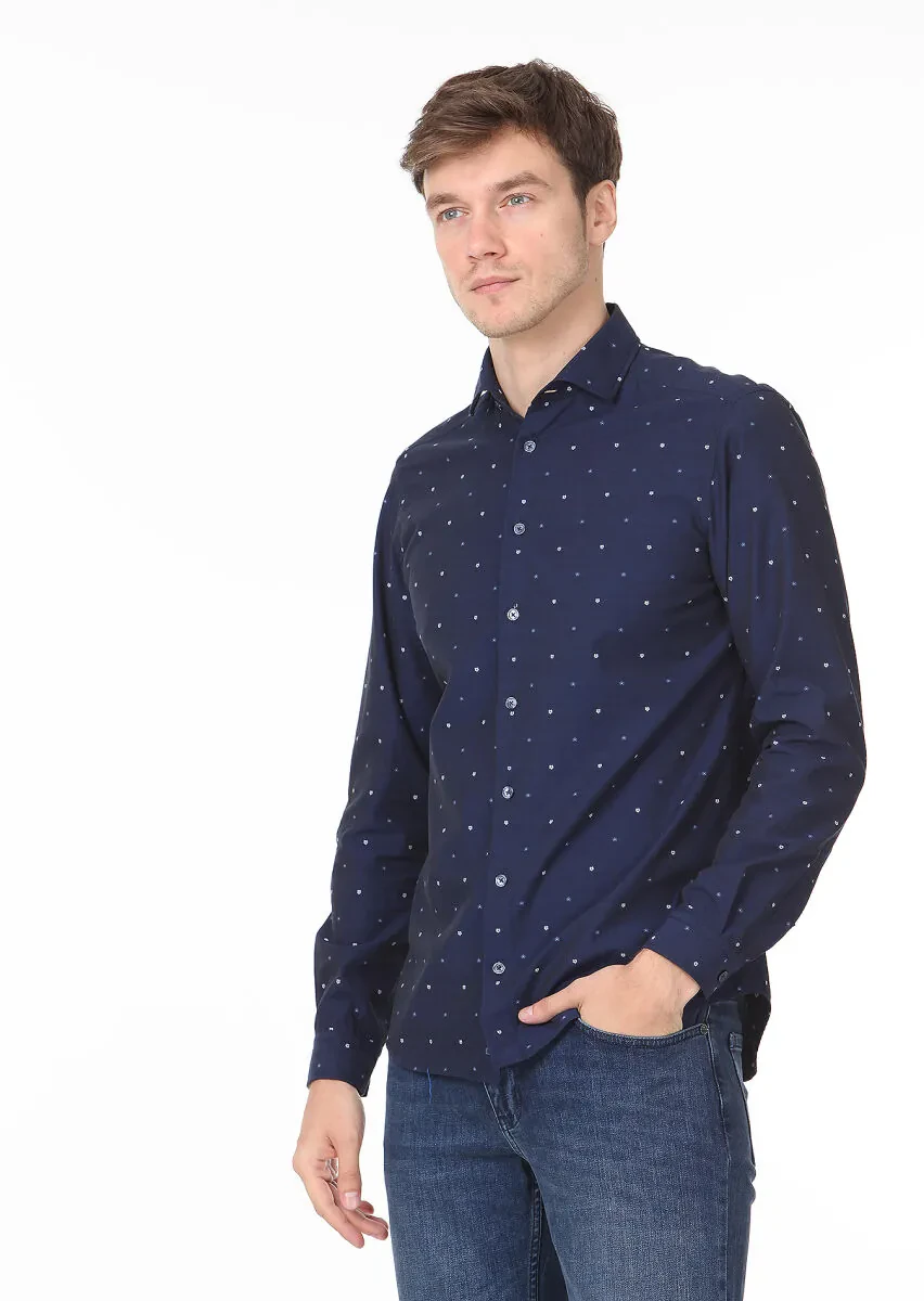 Navy Blue Patterned Slim Fit Weaving Casual 100% Cotton Shirt - 1
