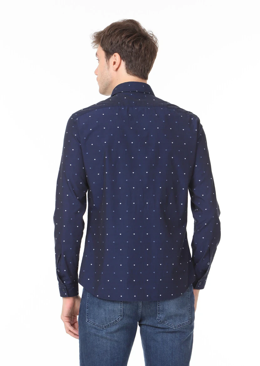 Navy Blue Patterned Slim Fit Weaving Casual 100% Cotton Shirt - 4