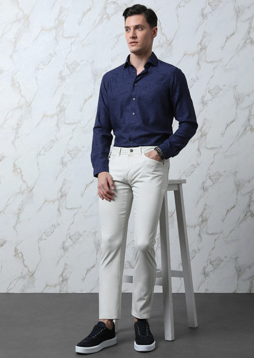 Navy Blue Patterned Slim Fit Weaving Casual Cotton Blended Shirt 