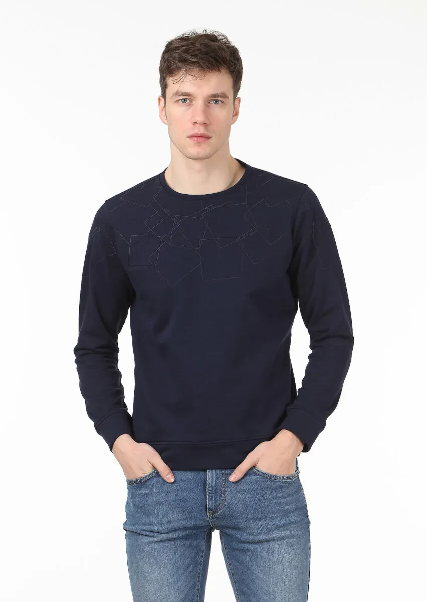 Navy Blue Patterned Sweatshirt - 1