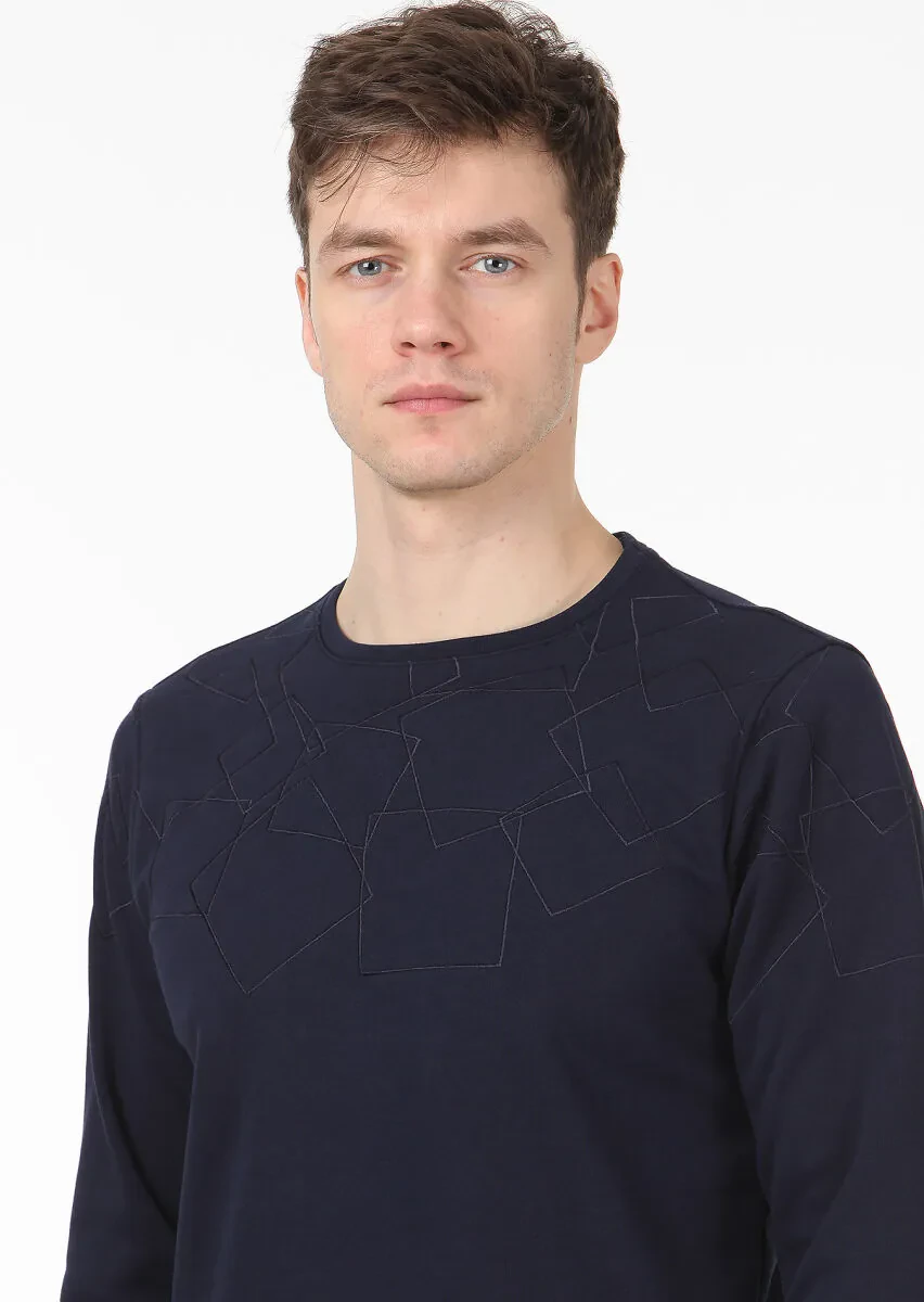 Navy Blue Patterned Sweatshirt - 2
