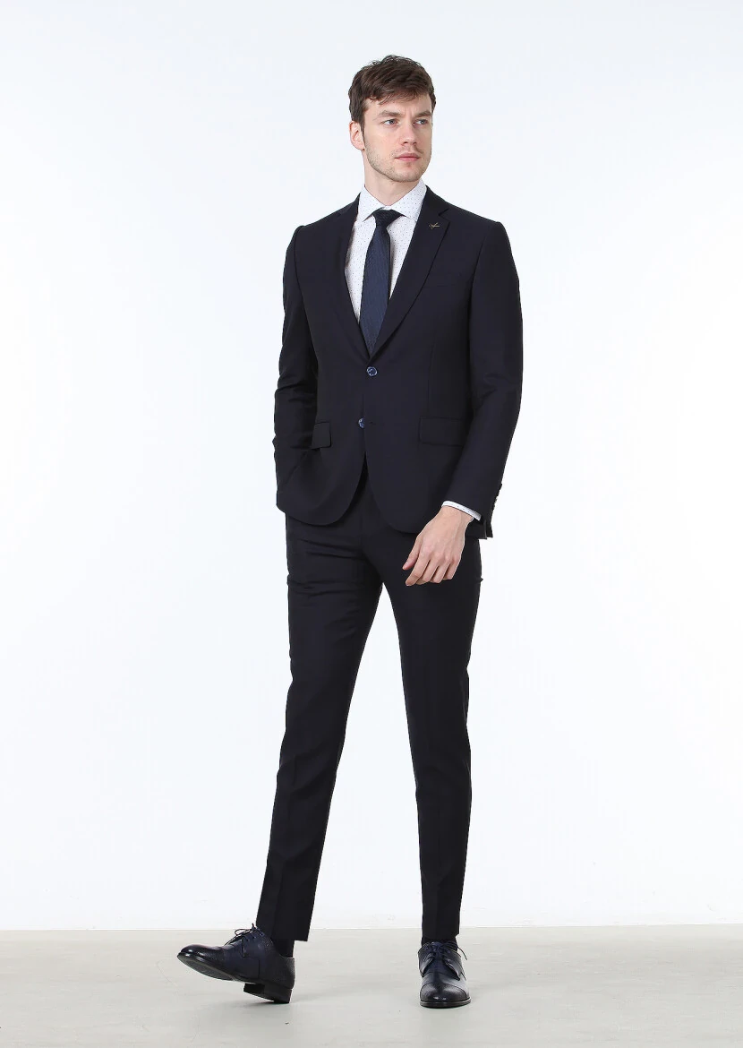 Navy Blue Patterned Thin&Taller Slim Fit 100% Wool Suit - 2