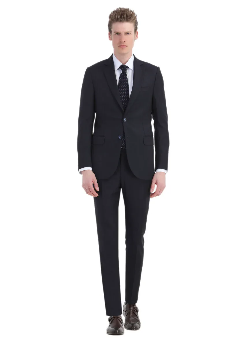 Navy Blue Patterned Thin&Taller Slim Fit 100% Wool Suit - 1