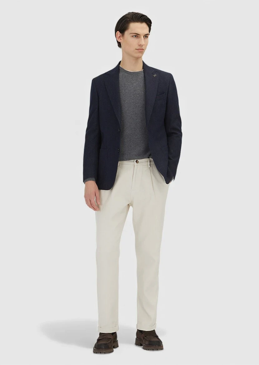 Navy Blue Patterned Wool Blended Jacket - 2