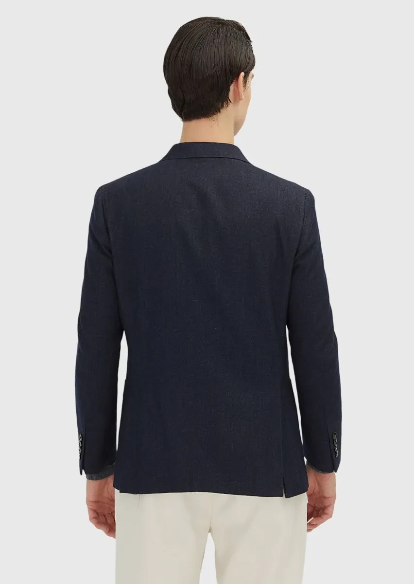 Navy Blue Patterned Wool Blended Jacket - 5