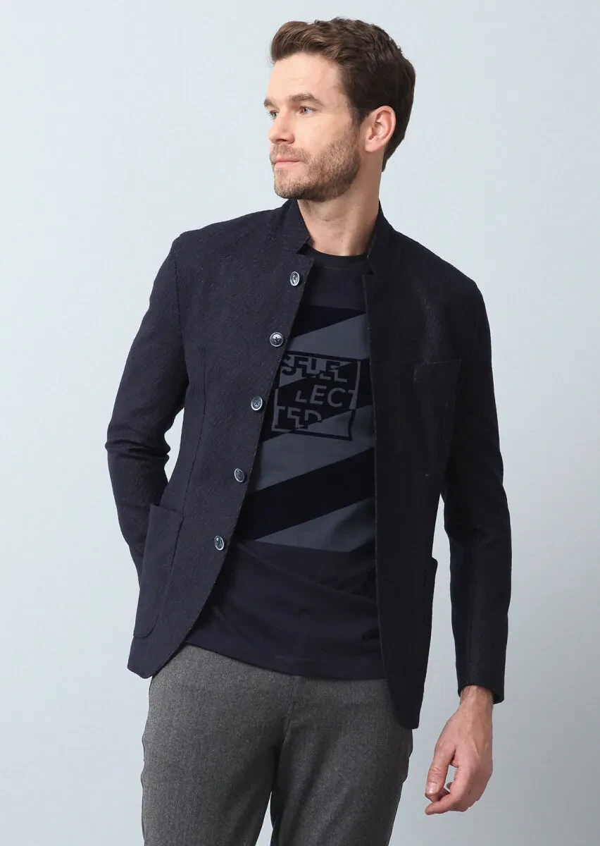 Navy Blue Patterned Zerogravity Slim Fit Wool Blended Jacket - 1