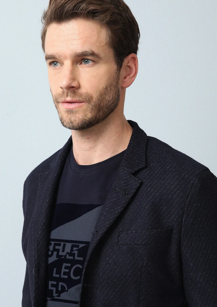 Navy Blue Patterned Zerogravity Slim Fit Wool Blended Jacket - 2