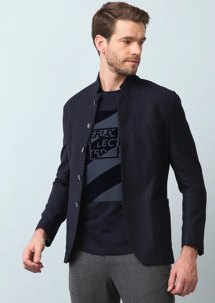 Navy Blue Patterned Zerogravity Slim Fit Wool Blended Jacket - 4