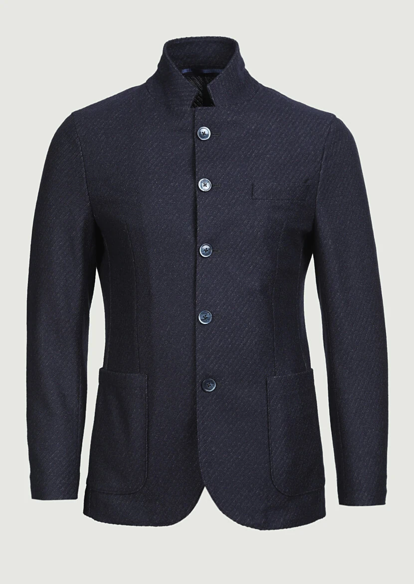 Navy Blue Patterned Zerogravity Slim Fit Wool Blended Jacket - 6