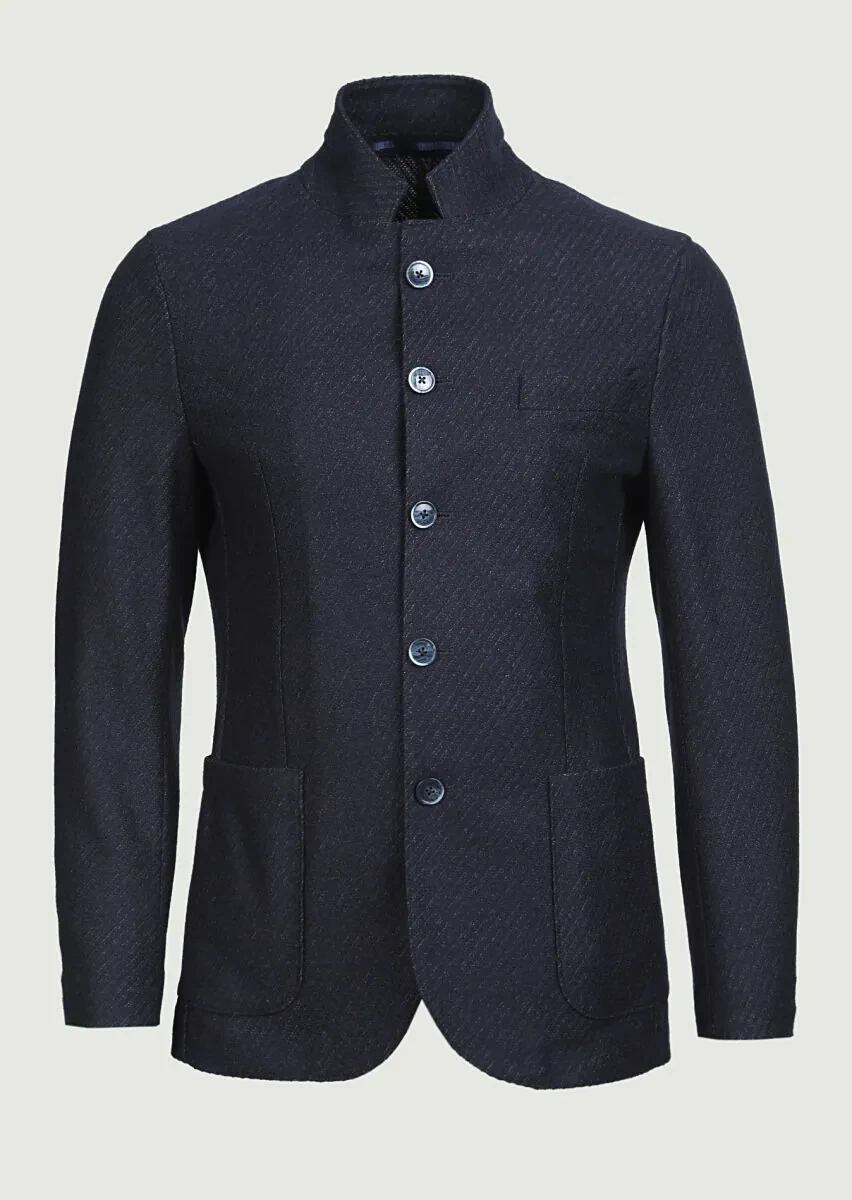 Navy Blue Patterned Zerogravity Slim Fit Wool Blended Jacket - 6