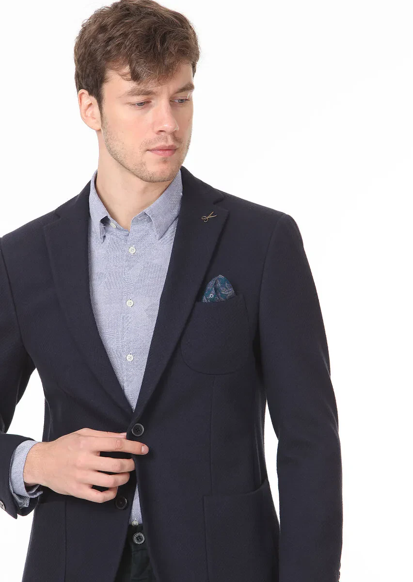 Navy Blue Patterned Zeroweight Slim Fit 100% Cotton Jacket - 2
