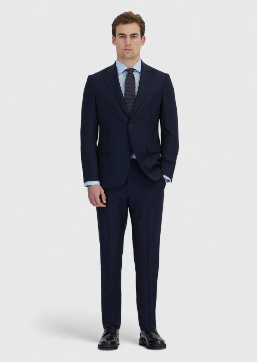 Navy Blue Patterned Zeroweight Slim Fit 100% Wool Suit - RAMSEY