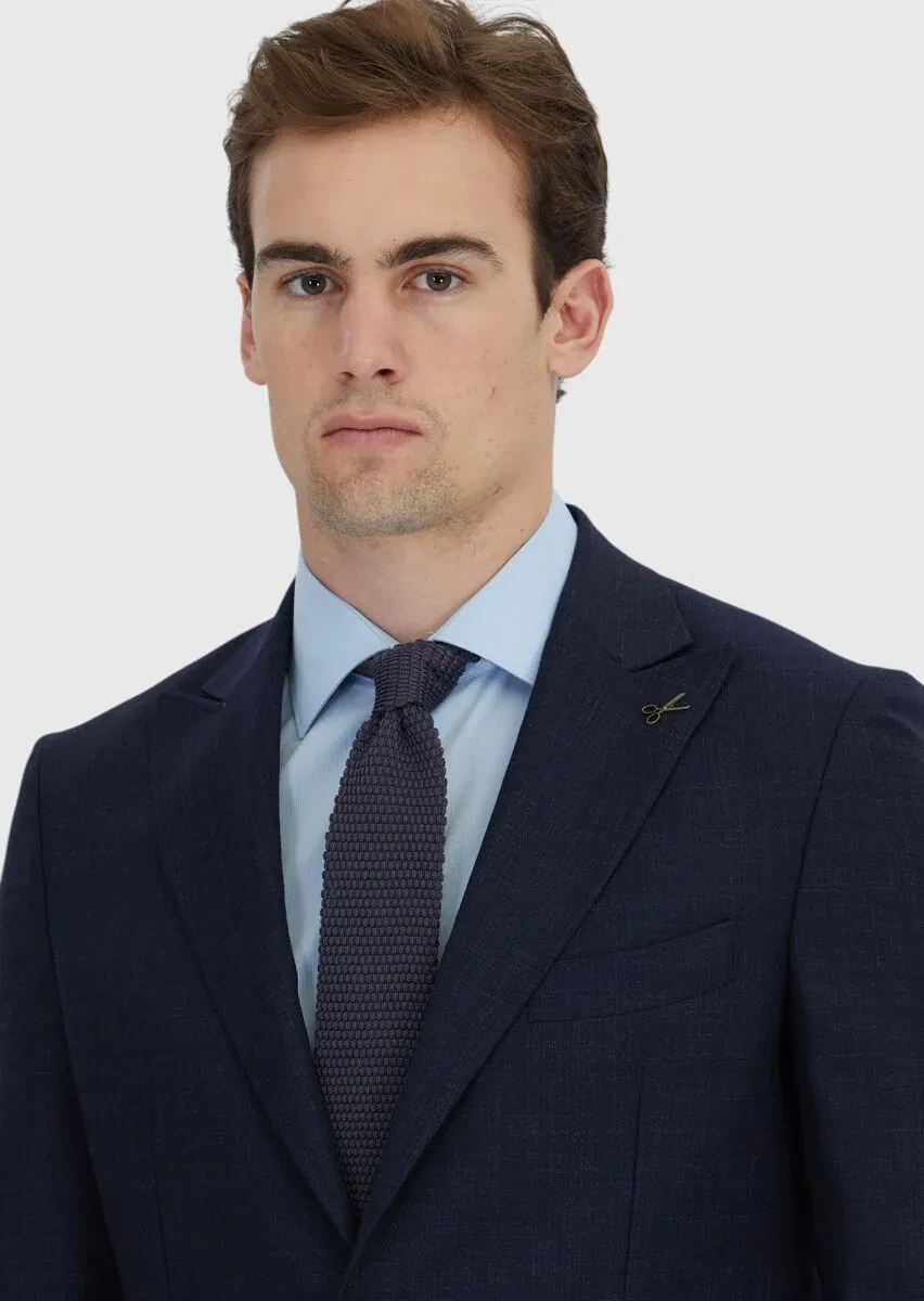 Navy Blue Patterned Zeroweight Slim Fit 100% Wool Suit - 3