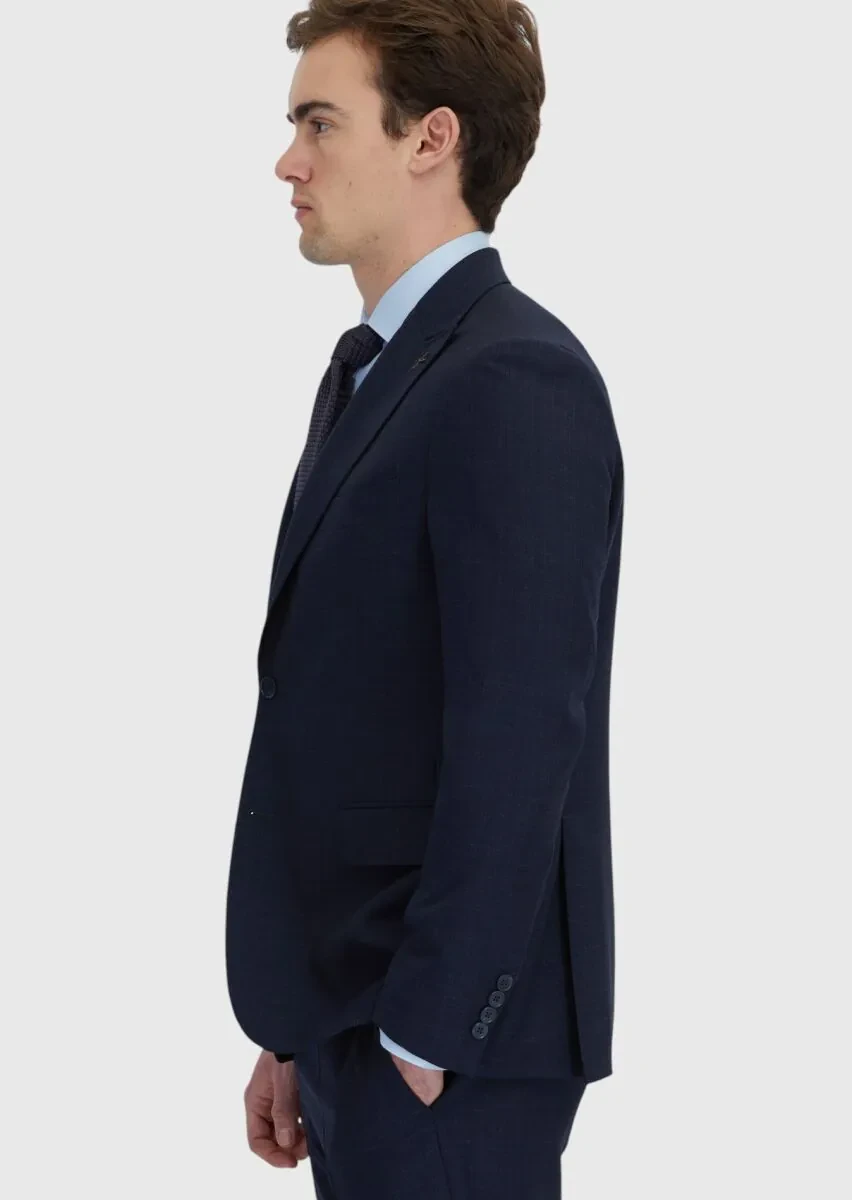 Navy Blue Patterned Zeroweight Slim Fit 100% Wool Suit - 4