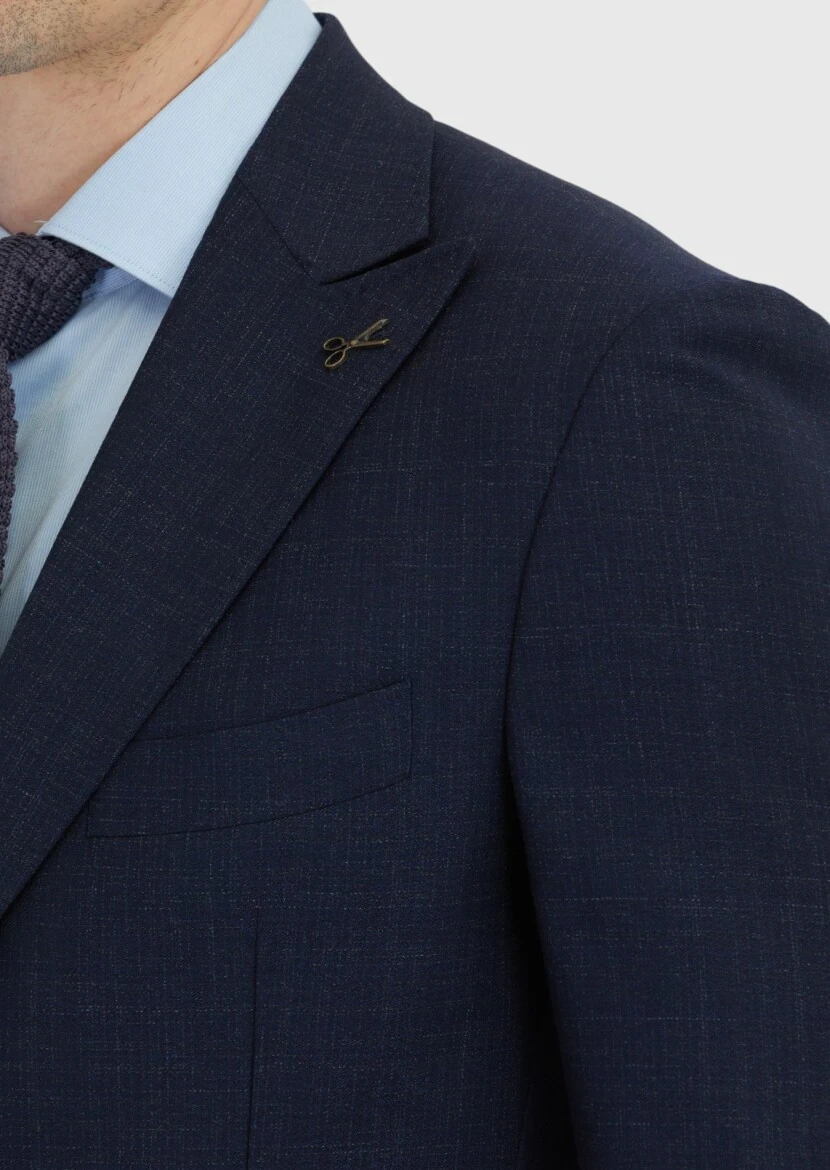 Navy Blue Patterned Zeroweight Slim Fit 100% Wool Suit - 5