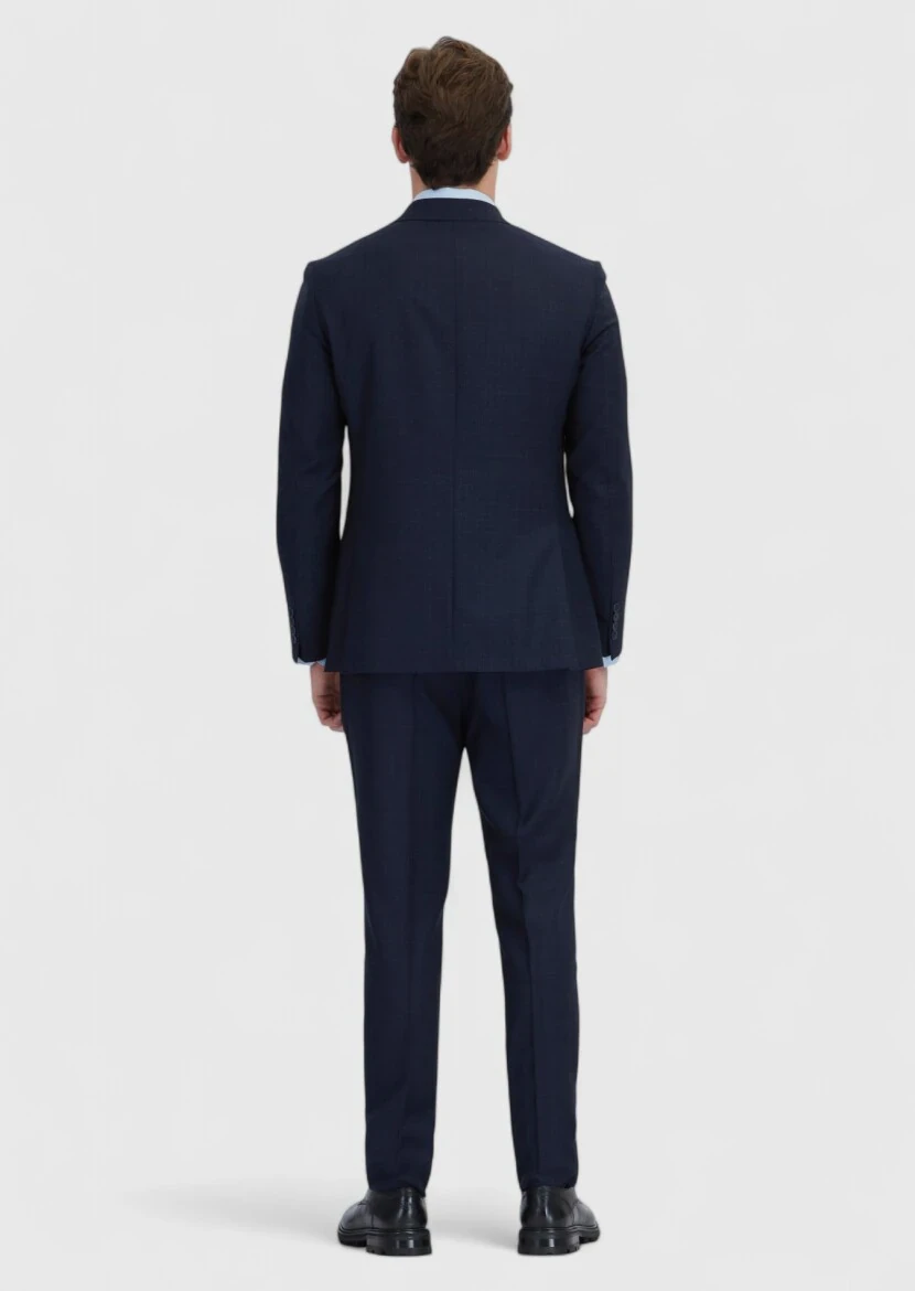 Navy Blue Patterned Zeroweight Slim Fit 100% Wool Suit - 7