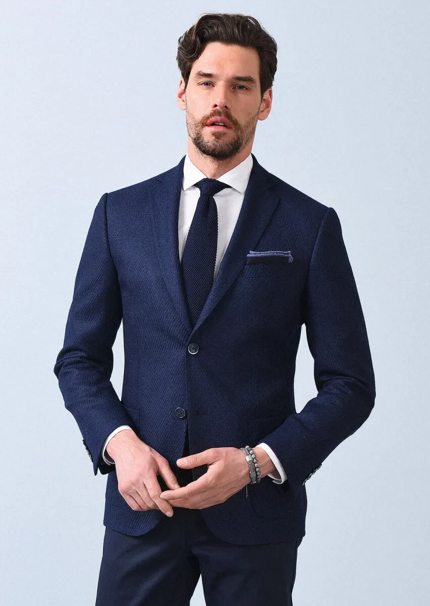 Navy Blue Patterned Zeroweight Slim Fit Silk Blended Jacket - 1