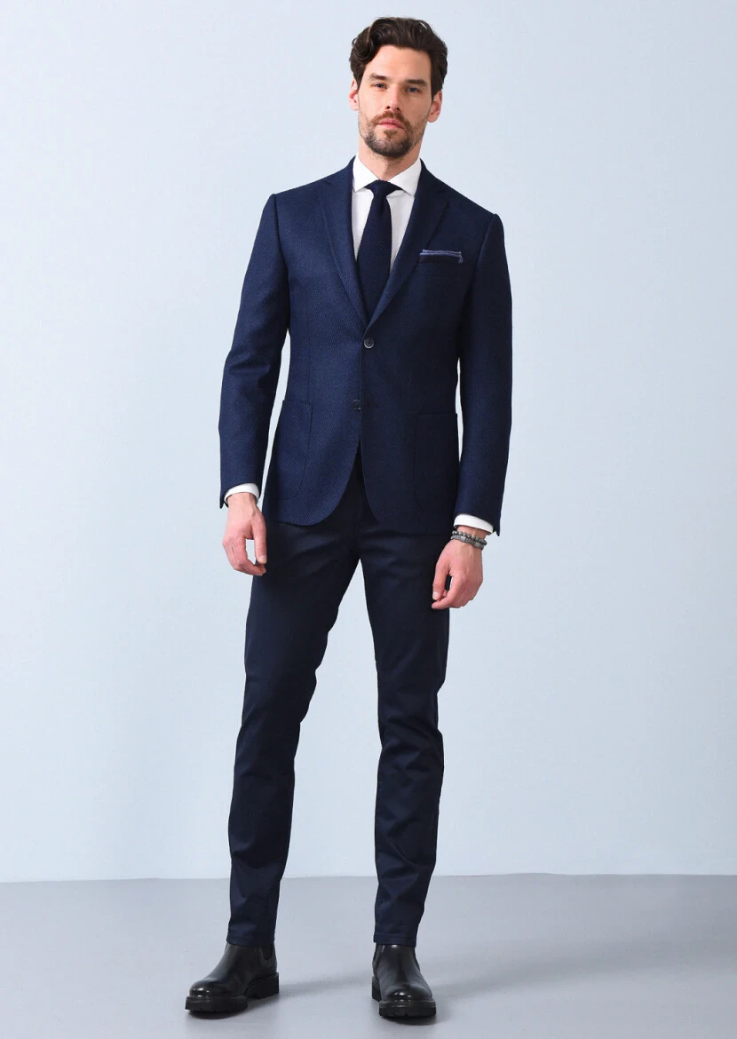 Navy Blue Patterned Zeroweight Slim Fit Silk Blended Jacket - 3