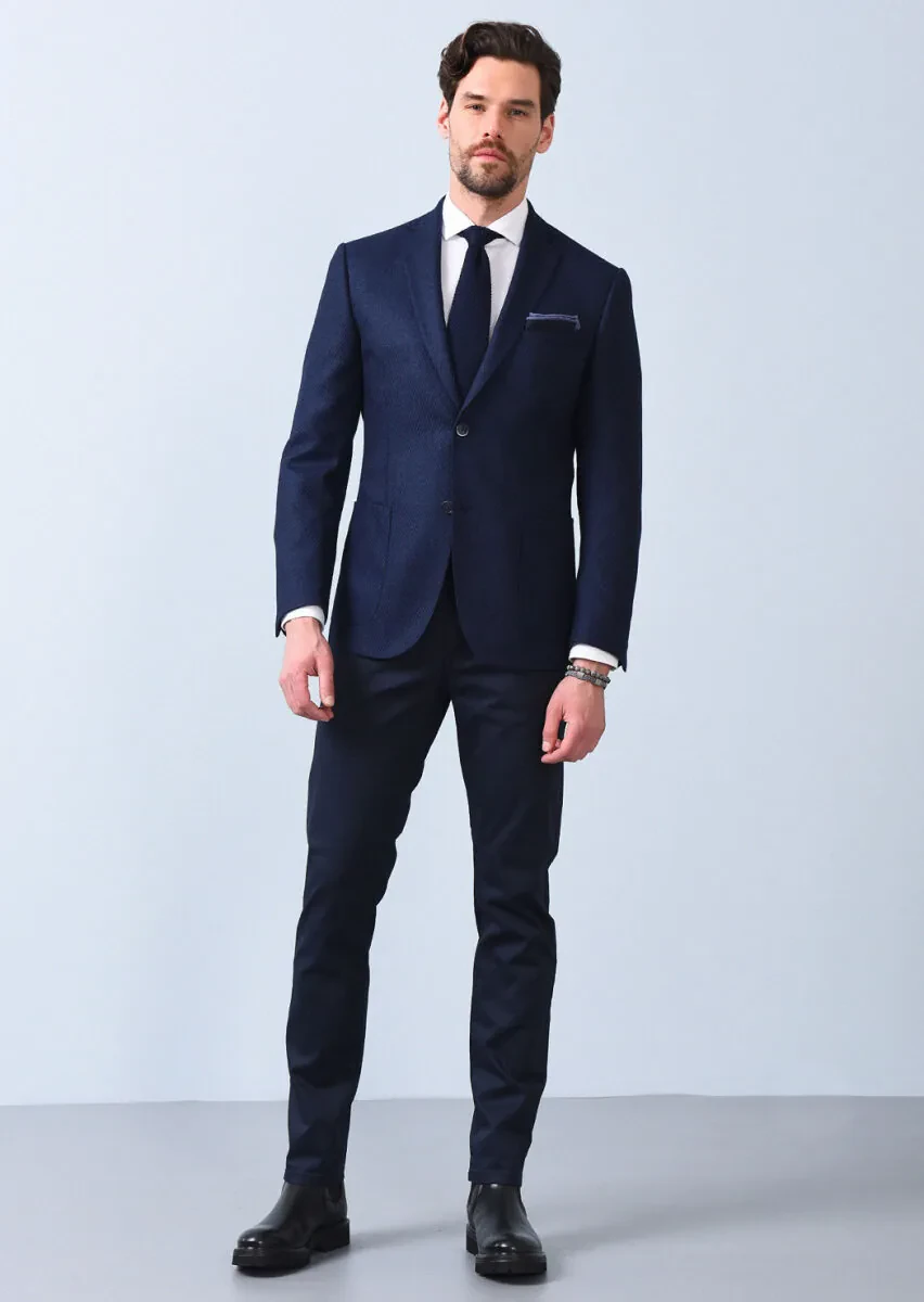 Navy Blue Patterned Zeroweight Slim Fit Silk Blended Jacket - 3