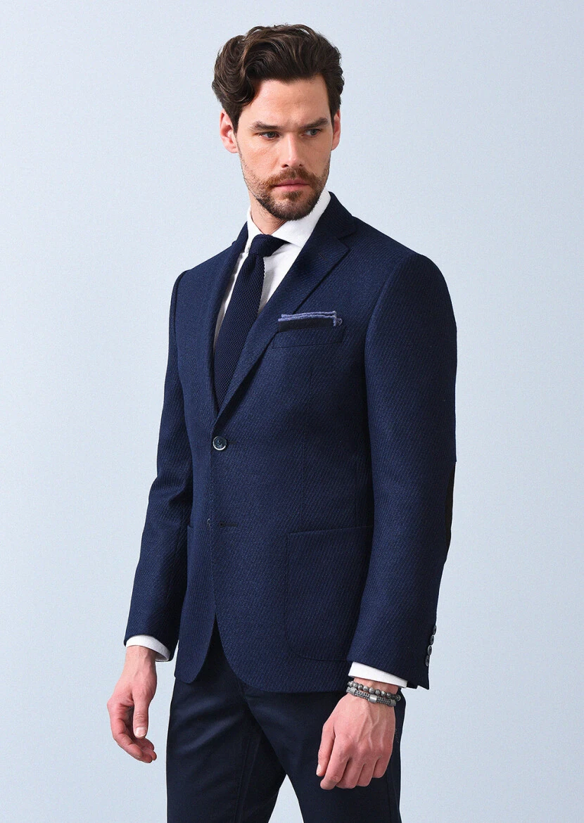 Navy Blue Patterned Zeroweight Slim Fit Silk Blended Jacket - 4