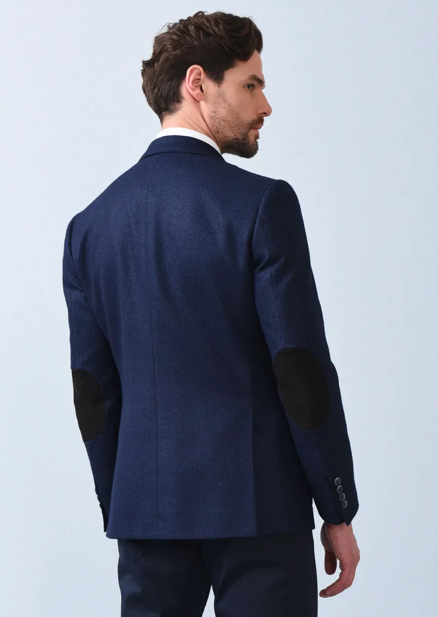 Navy Blue Patterned Zeroweight Slim Fit Silk Blended Jacket - 5