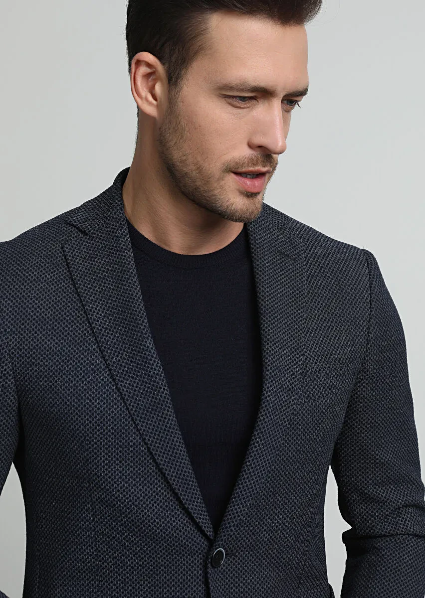 Navy Blue Patterned Zeroweight Slim Fit Wool Blended Jacket - 2
