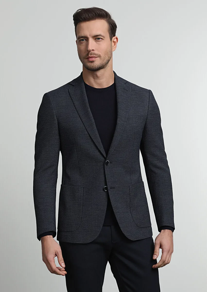 Navy Blue Patterned Zeroweight Slim Fit Wool Blended Jacket - 3