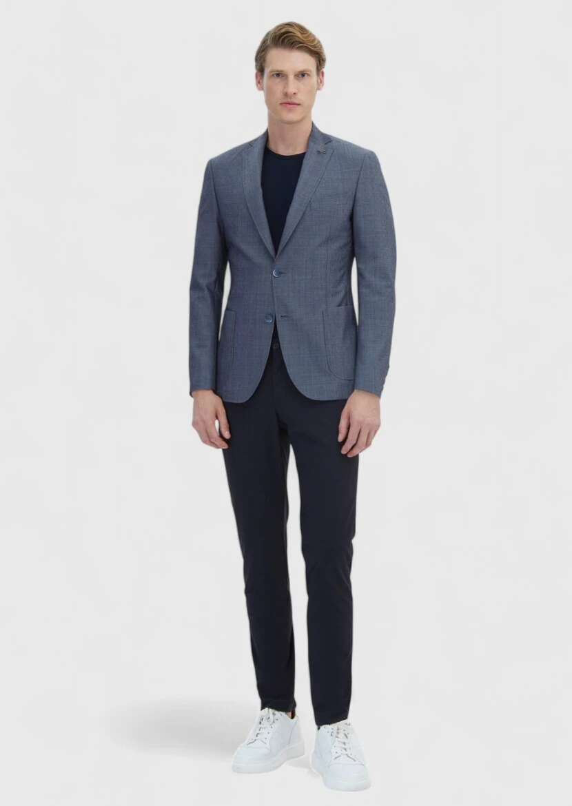 Navy Blue Patterned Zeroweight Slim Fit Wool Blended Jacket - 2