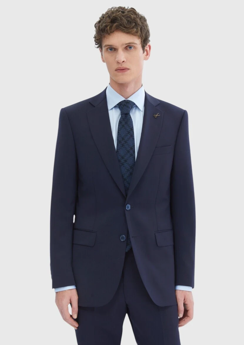 Navy Blue Plain 100% Wool Suit - 1