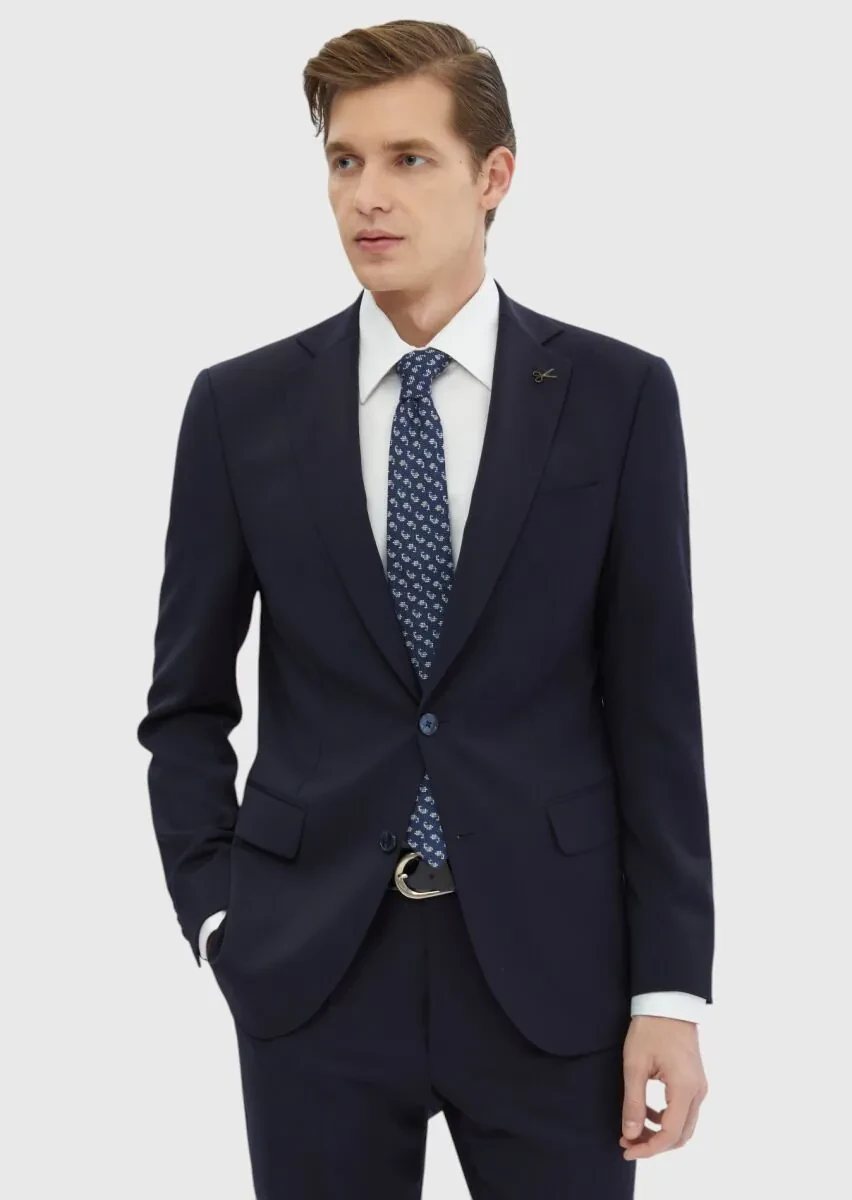 Navy Blue Plain 100% Wool Suit - 1